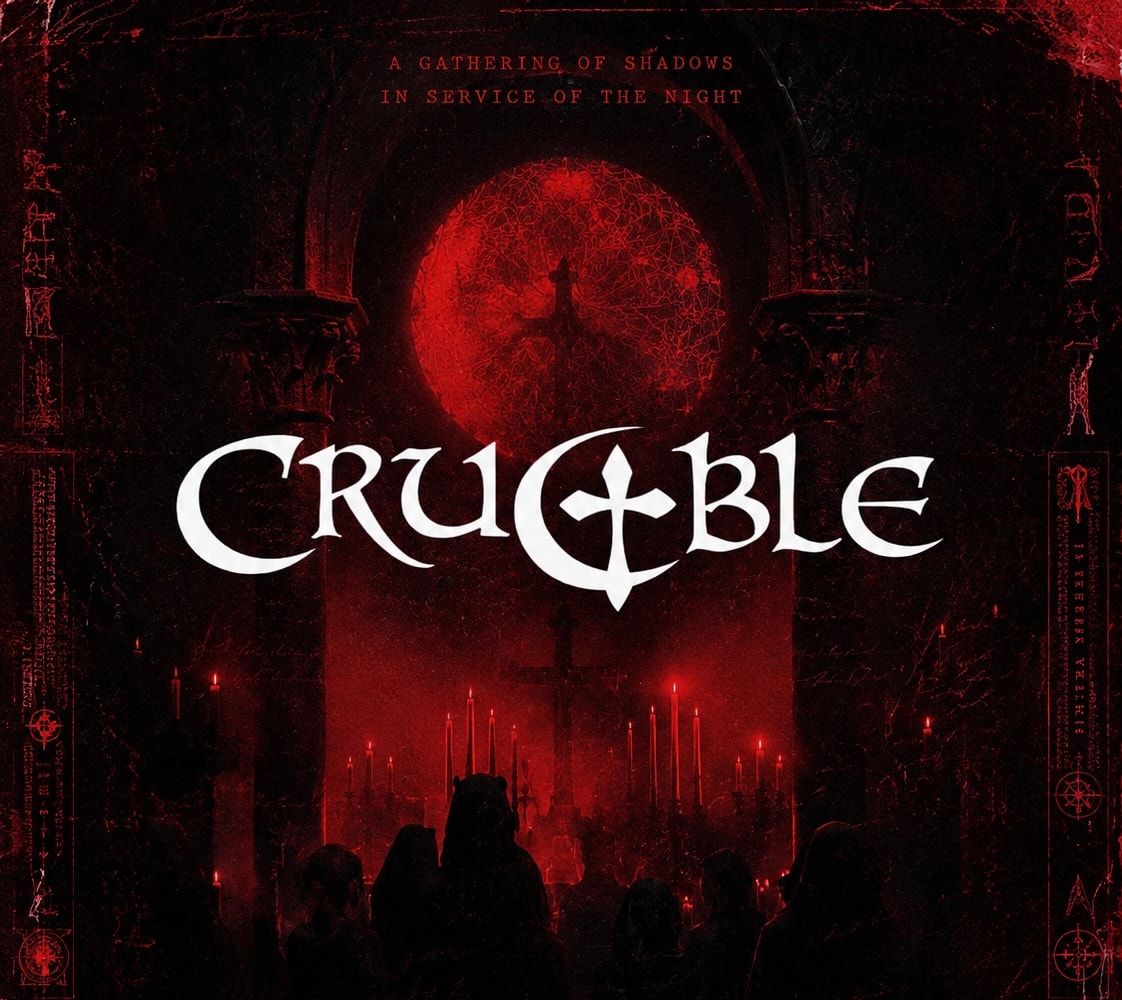 Crucible: A gathering of shadows in service of the night. White lettering over a crimson rose window, candlelight, and silhouetted figures.
