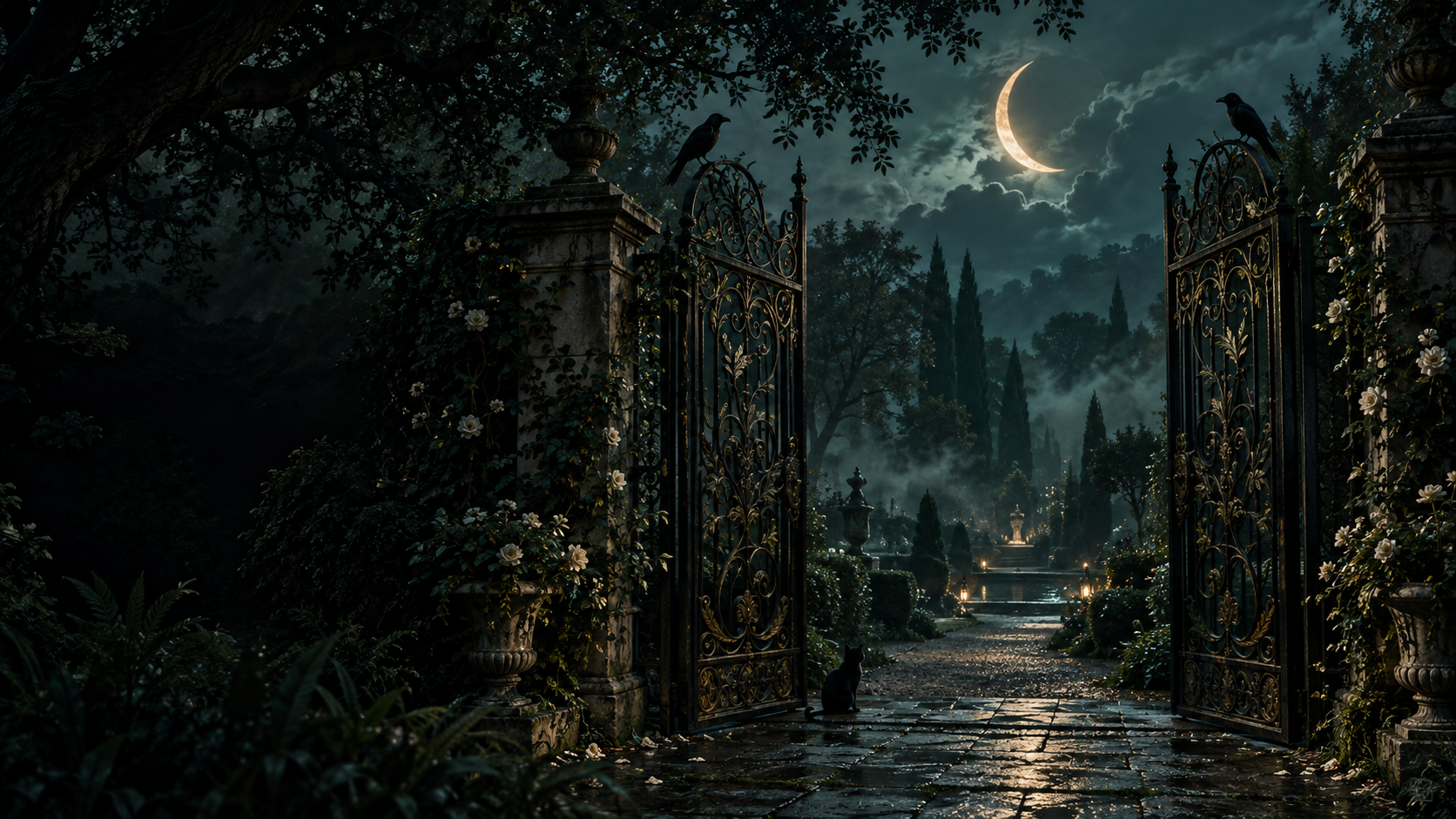 Moonlit wrought-iron gates opening into a midnight garden